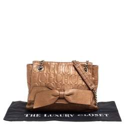 Pre Owned Carolina Herrera Metallic Gold Monogram Embossed Leather Bow Flap Shoulder Bag