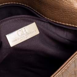 Pre Owned Carolina Herrera Metallic Gold Monogram Embossed Leather Bow Flap Shoulder Bag