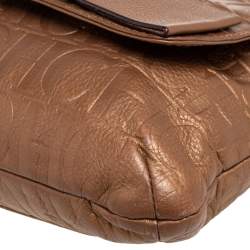 Pre Owned Carolina Herrera Metallic Gold Monogram Embossed Leather Bow Flap Shoulder Bag