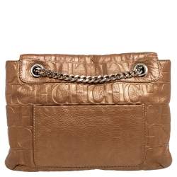 Pre Owned Carolina Herrera Metallic Gold Monogram Embossed Leather Bow Flap Shoulder Bag