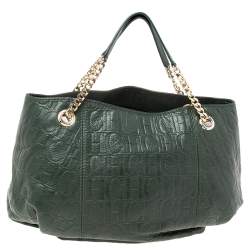 Pre Owned Carolina Herrera Green Monogram Embossed Leather Chain Handle Tote