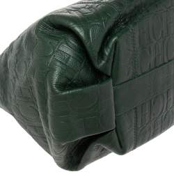 Pre Owned Carolina Herrera Green Monogram Embossed Leather Chain Handle Tote