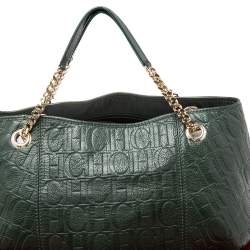 Pre Owned Carolina Herrera Green Monogram Embossed Leather Chain Handle Tote