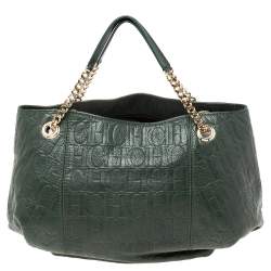 Pre Owned Carolina Herrera Green Monogram Embossed Leather Chain Handle Tote