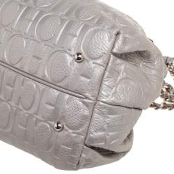 Pre Owned Carolina Herrera Metallic Silver Embossed Leather Bow Bucket Bag