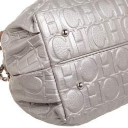 Pre Owned Carolina Herrera Metallic Silver Embossed Leather Bow Bucket Bag