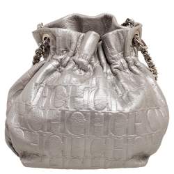 Pre Owned Carolina Herrera Metallic Silver Embossed Leather Bow Bucket Bag