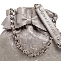 Pre Owned Carolina Herrera Metallic Silver Embossed Leather Bow Bucket Bag