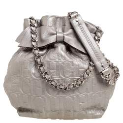 Pre Owned Carolina Herrera Metallic Silver Embossed Leather Bow Bucket Bag