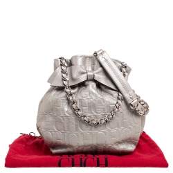 Pre Owned Carolina Herrera Metallic Silver Embossed Leather Bow Bucket Bag