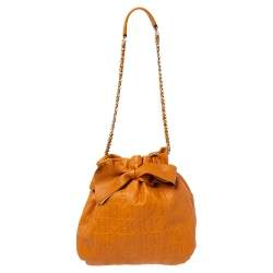 Pre Owned Carolina Herrera Orange Embossed Leather Bow Bucket Bag