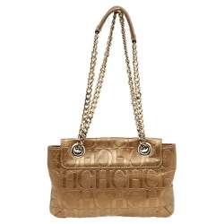 Pre Owned Carolina Herrera Gold Monogram Embossed Leather Audrey Bow Shoulder Bag