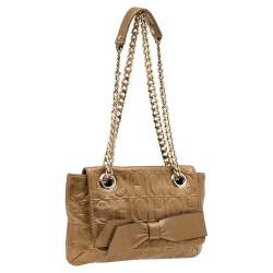Pre Owned Carolina Herrera Gold Monogram Embossed Leather Audrey Bow Shoulder Bag