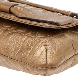 Pre Owned Carolina Herrera Gold Monogram Embossed Leather Audrey Bow Shoulder Bag