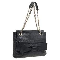 Pre Owned Carolina Herrera Black Monogram Embossed Leather Audrey Bow Flap Shoulder Bag