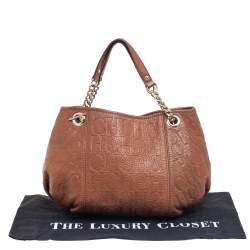 Pre Owned Carolina Herrera Brown Signature Embossed Leather Chain Hobo