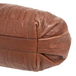 Pre Owned Carolina Herrera Brown Signature Embossed Leather Chain Hobo