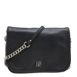 Pre Owned Carolina Herrera Black Leather Flap Crossbody Bag