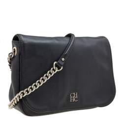 Pre Owned Carolina Herrera Black Leather Flap Crossbody Bag