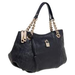 Pre Owned CH Carolina Herrera Black Monogram Leather Chain Hobo