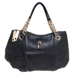 Pre Owned CH Carolina Herrera Black Monogram Leather Chain Hobo