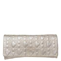 Pre Owned Carolina Herrera Grey Monogram Leather Flap Clutch