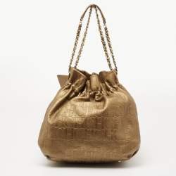 Pre Owned Carolina Herrera Metallic Bronze Embossed Leather Bow Bucket Shoulder Bag