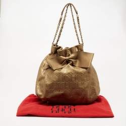 Pre Owned Carolina Herrera Metallic Bronze Embossed Leather Bow Bucket Shoulder Bag