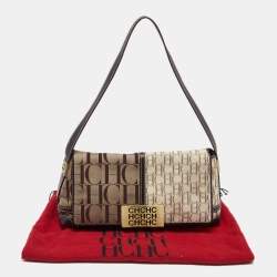Pre Owned Carolina Herrera Brown/Beige Monogram Canvas and Leather Shoulder Bag