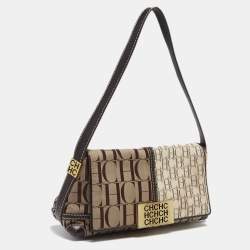 Pre Owned Carolina Herrera Brown/Beige Monogram Canvas and Leather Shoulder Bag