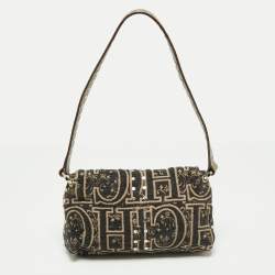 Pre Owned CH Carolina Herrera Black/Beige Embroidered Canvas Monogram Baguette Bag