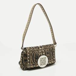 Pre Owned CH Carolina Herrera Black/Beige Embroidered Canvas Monogram Baguette Bag