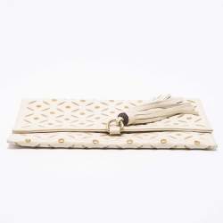 Pre Owned Carolina Herrera Off White/Gold Laser Cut Leather Tassel Clutch