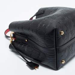 Pre Owned Carolina Herrera Black Monogram Embossed Leather Small Matryoshka Locked Tote