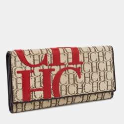 Pre Owned Carolina Herrera Beige/Red Caracas Canvas And Leather Trifold Wallet