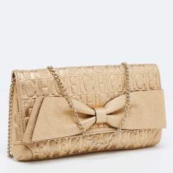 Pre Owned CH Caroline Herrera Gold Leather Bow Clutch