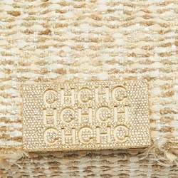 Pre Owned Carolina Herrera Beige/white Tweed and Leather Pearl Embellished Shoulder Bag