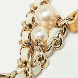 Pre Owned Carolina Herrera Beige/white Tweed and Leather Pearl Embellished Shoulder Bag