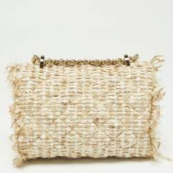 Pre Owned Carolina Herrera Beige/white Tweed and Leather Pearl Embellished Shoulder Bag