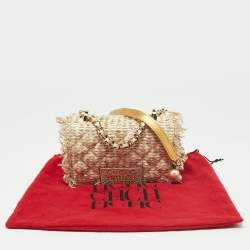 Pre Owned Carolina Herrera Beige/white Tweed and Leather Pearl Embellished Shoulder Bag