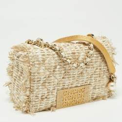 Pre Owned Carolina Herrera Beige/white Tweed and Leather Pearl Embellished Shoulder Bag