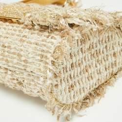 Pre Owned Carolina Herrera Beige/white Tweed and Leather Pearl Embellished Shoulder Bag