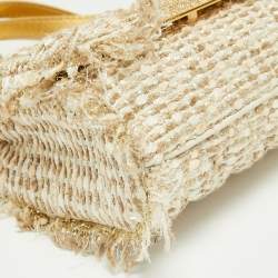 Pre Owned Carolina Herrera Beige/white Tweed and Leather Pearl Embellished Shoulder Bag