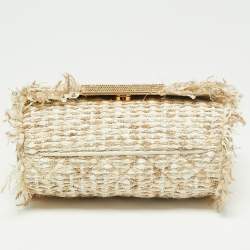 Pre Owned Carolina Herrera Beige/white Tweed and Leather Pearl Embellished Shoulder Bag