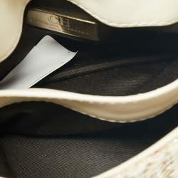 Pre Owned Carolina Herrera Beige/white Tweed and Leather Pearl Embellished Shoulder Bag