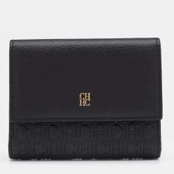 Pre Owned Carolina Herrera Black Monogram Embossed Leather French Compact Wallet