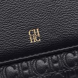 Pre Owned Carolina Herrera Black Monogram Embossed Leather French Compact Wallet