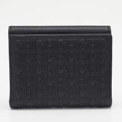 Pre Owned Carolina Herrera Black Monogram Embossed Leather French Compact Wallet