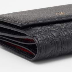 Pre Owned Carolina Herrera Black Monogram Embossed Leather French Compact Wallet