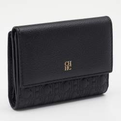Pre Owned Carolina Herrera Black Monogram Embossed Leather French Compact Wallet